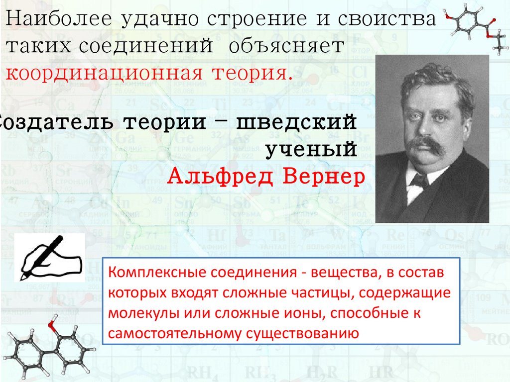 Строение комплексных соединений согласно координационной теории вернера. Строение комплексных соединений теория Вернера. Теория строения комплексных соединений теория Вернера. Альфред Вернер координационная теория.