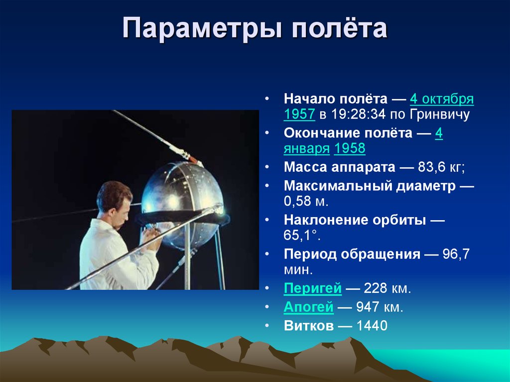 1 спутник земли дата. Первый Спутник. Первый искусственный Спутник земли Размеры. Параметры полета первого спутника земли. Размер первого искусственного спутника.