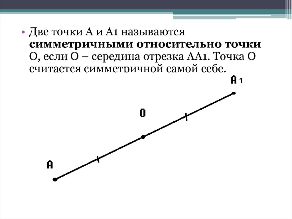 Как точка называется серединой отрезка. Две точки а и а1 называются симметричными относительно точки о если. Точка а и а1 называются симметричными относительно точки о если. Симметричный отрезок. Точки симметричные относительно точки.