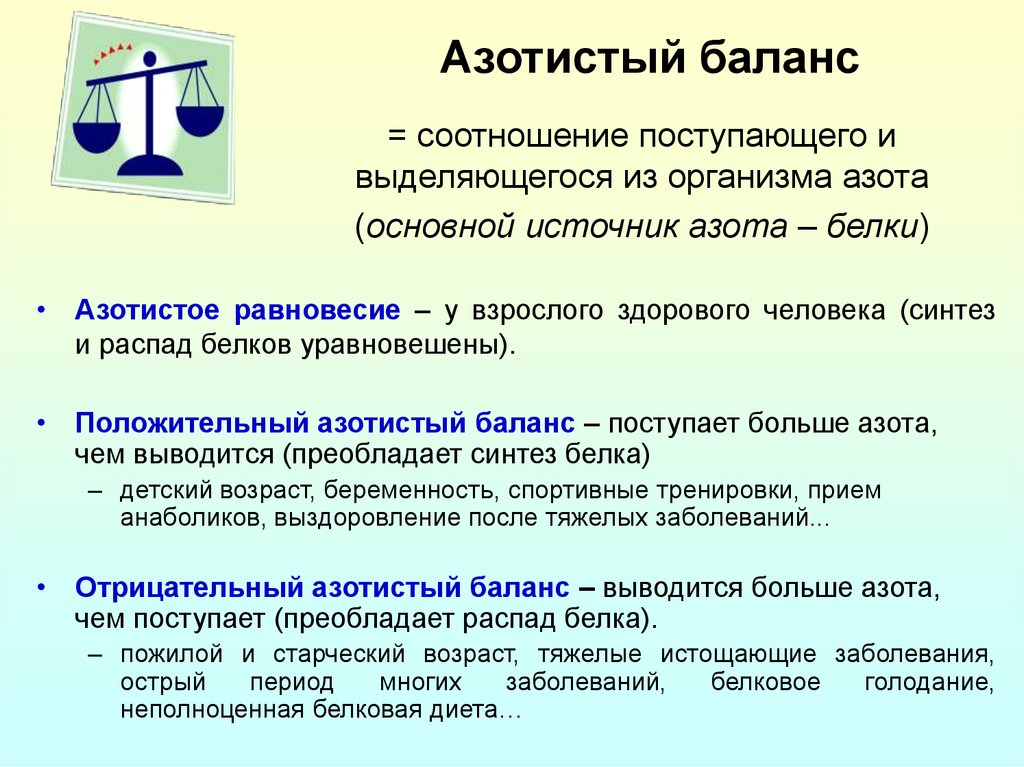 Белок положительная. Азотистый баланс. Положительный и отрицательный азотистый баланс. Азотистый баланс биохимия. Азотистый баланс и азотистое равновесие.