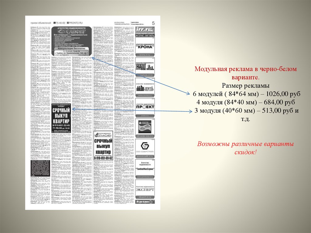 Модульная реклама в черно-белом варианте. Размер рекламы 6 модулей ( 84*64 мм) – 1026,00 руб 4 модуля (84*40 мм) – 684,00 руб 3 модуля (40*60 мм) – 513,00 руб и т.д