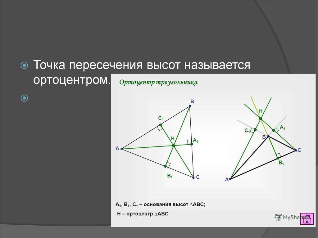 Через точку о пересечения. Точка пересечения высот ортоцентр. Ортоцентр треугольника. Пересечение высот. Центр пересечения высот.