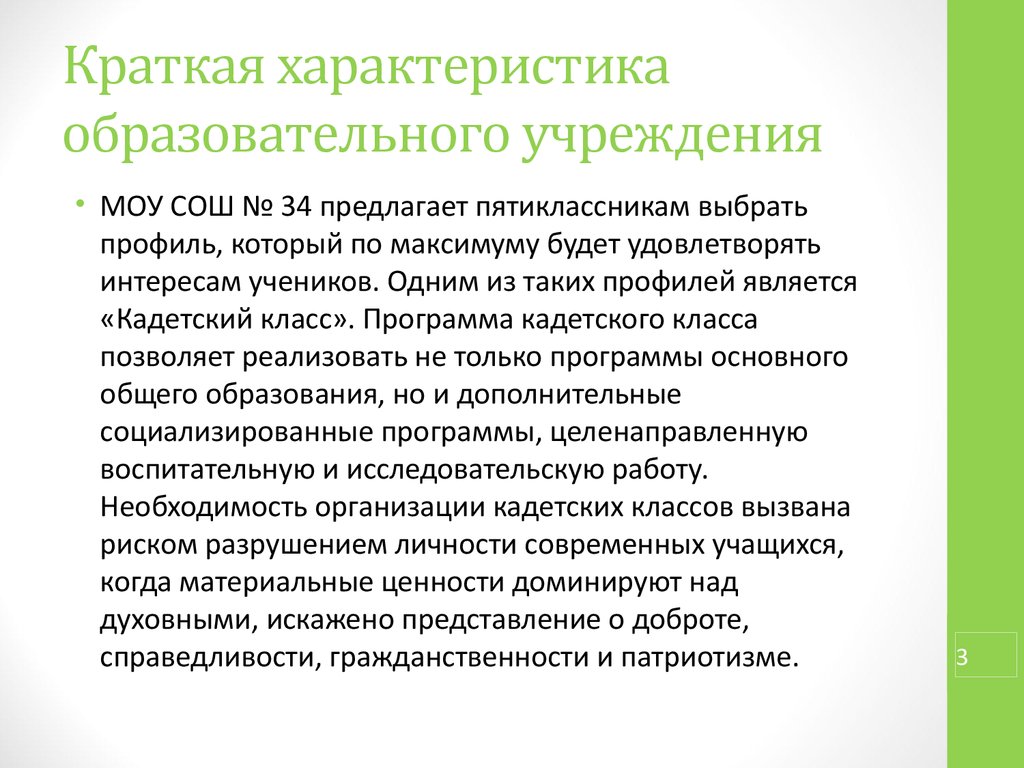 Техническое образование характеристика. Особенности учебного плана кадетского класса.