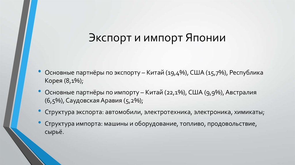 Перечислите главные товары экспорта и импорта японии