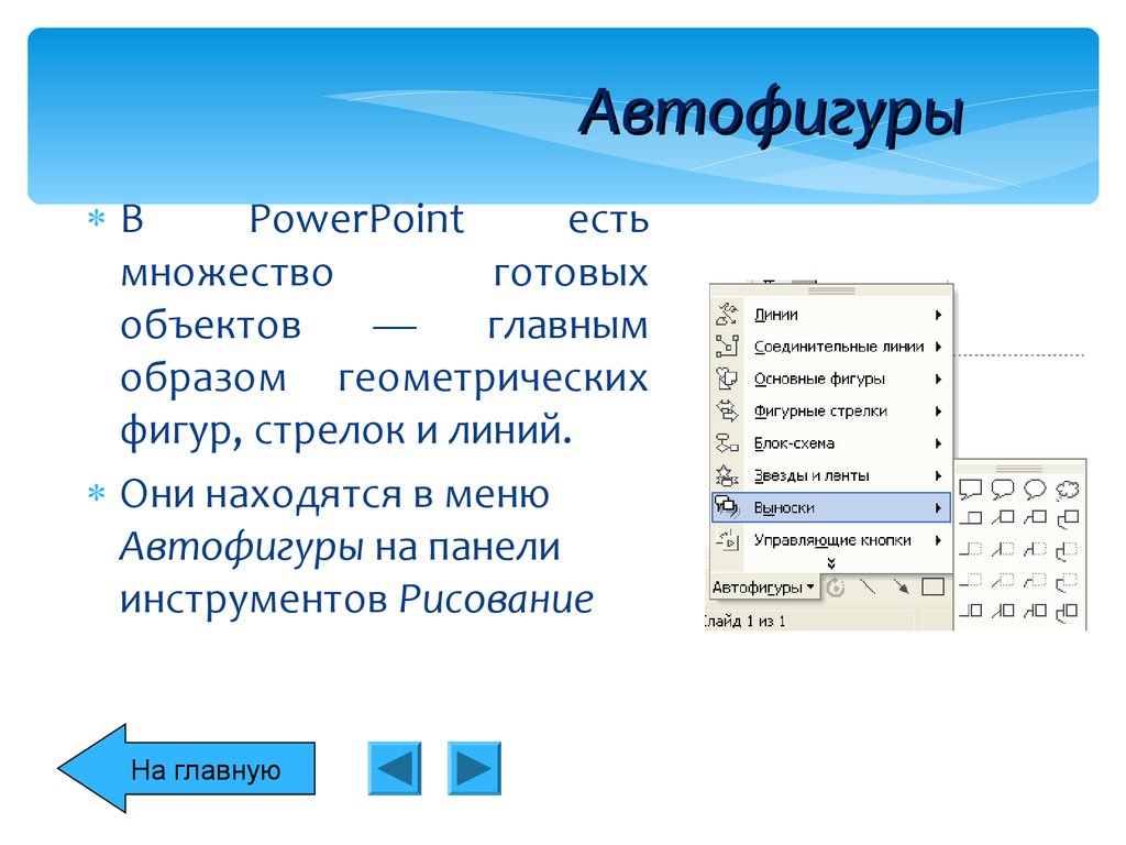 В некотором текстовом редакторе используется только шрифт. Автофигуры в Word. Графический объект (автофигуры). Автофигуры в POWERPOINT. Панель инструментов автофигуры.