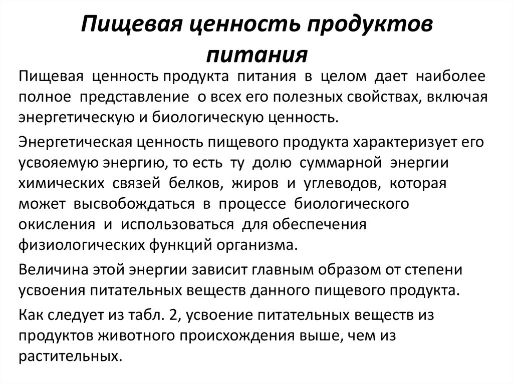 Презентация пищевая ценность продуктов