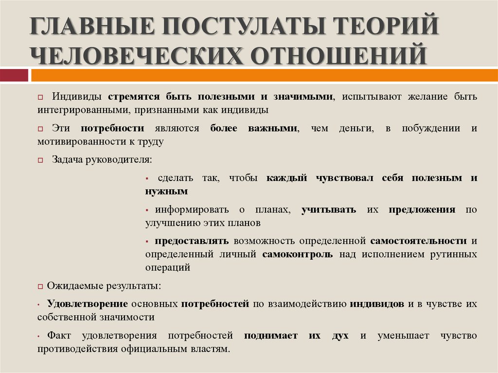 Роль человеческих отношений. Основные постулаты теории человеческих отношений. Основные постулаты школы человеческих отношений. Основной постулат школы человеческих отношений теории организации. Основные положения теории человеческих отношений.