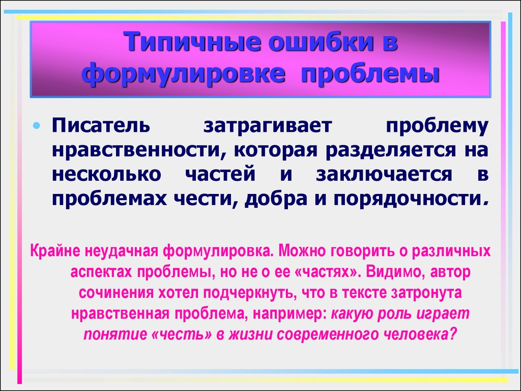 Произведения затрагивающие проблемы. Писатель затрагивает проблемы. Типичные ошибки в сочинении по проблеме текста. Формулировка проблемы нравственностью. Проблема нравственности сочинение.