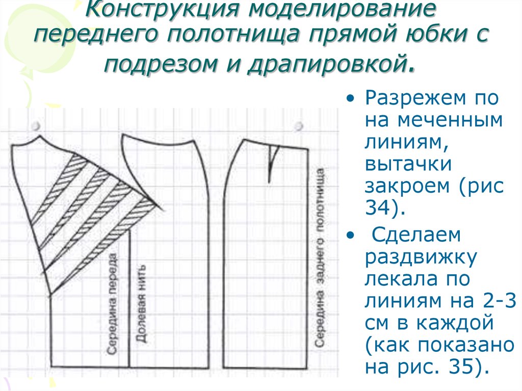 Выполнить моделирование. Моделирование вытачек на юбке. Моделирование прямой юбки. Выкройка прямой юбки с драпировкой. Моделирование прямой юбки с подрезом на переднем полотнище.