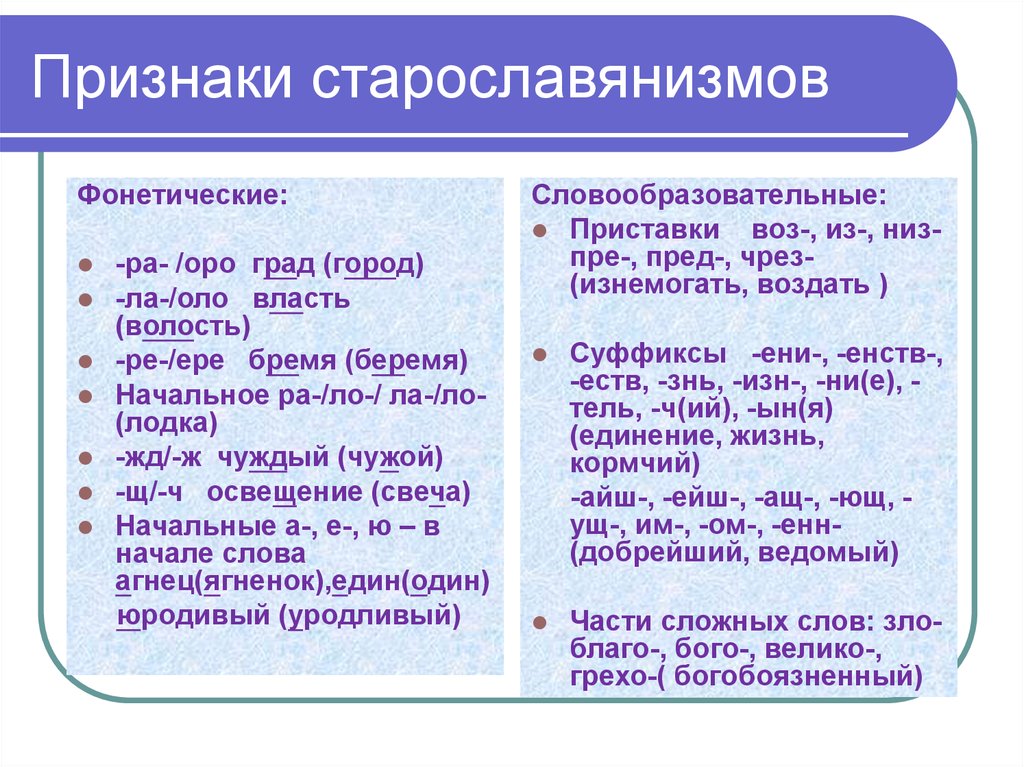 Слова старославянского происхождения. Признаки старославянизмов. Признаки страрославинизма. Признаки старославянизмов в русском языке. Фонетические приметы старославянизмов.