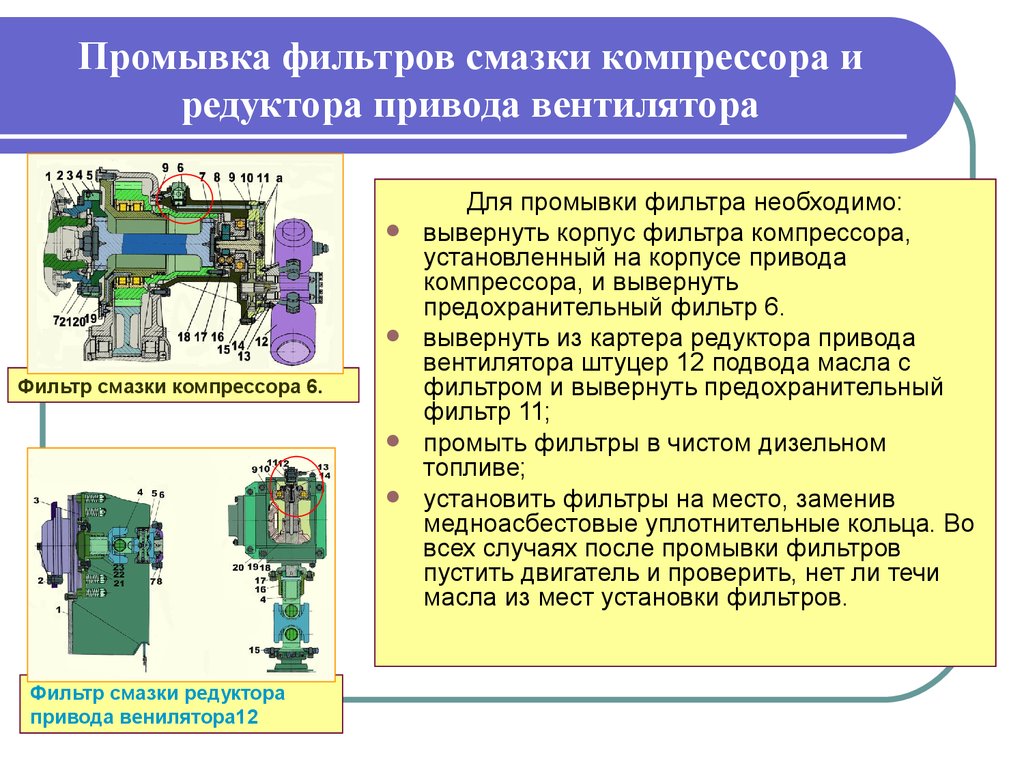 Промывка фильтров смазки компрессора и редуктора привода вентилятора