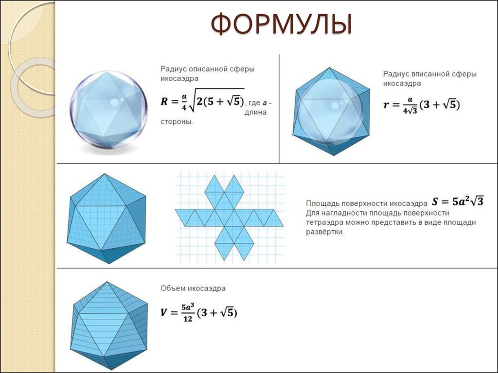 Площадь поверхности октаэдра равна. Объем икосаэдра формула. Площадь поверхности икосаэдра. Площадь поверхности правильного икосаэдра. Правильный икосаэдр формулы.