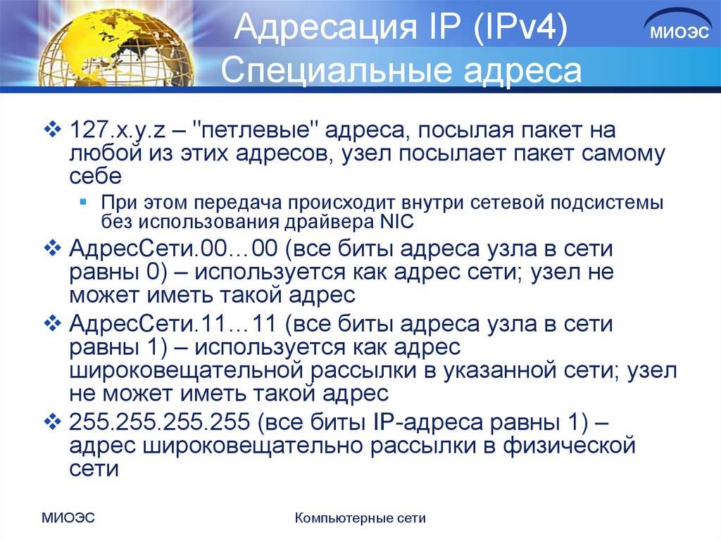 Адресация IP (IPv4) Специальные адреса