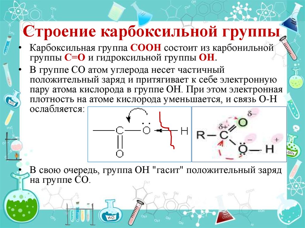 На какой схеме правильно показано распределение электронной плотности в карбоксильной группе