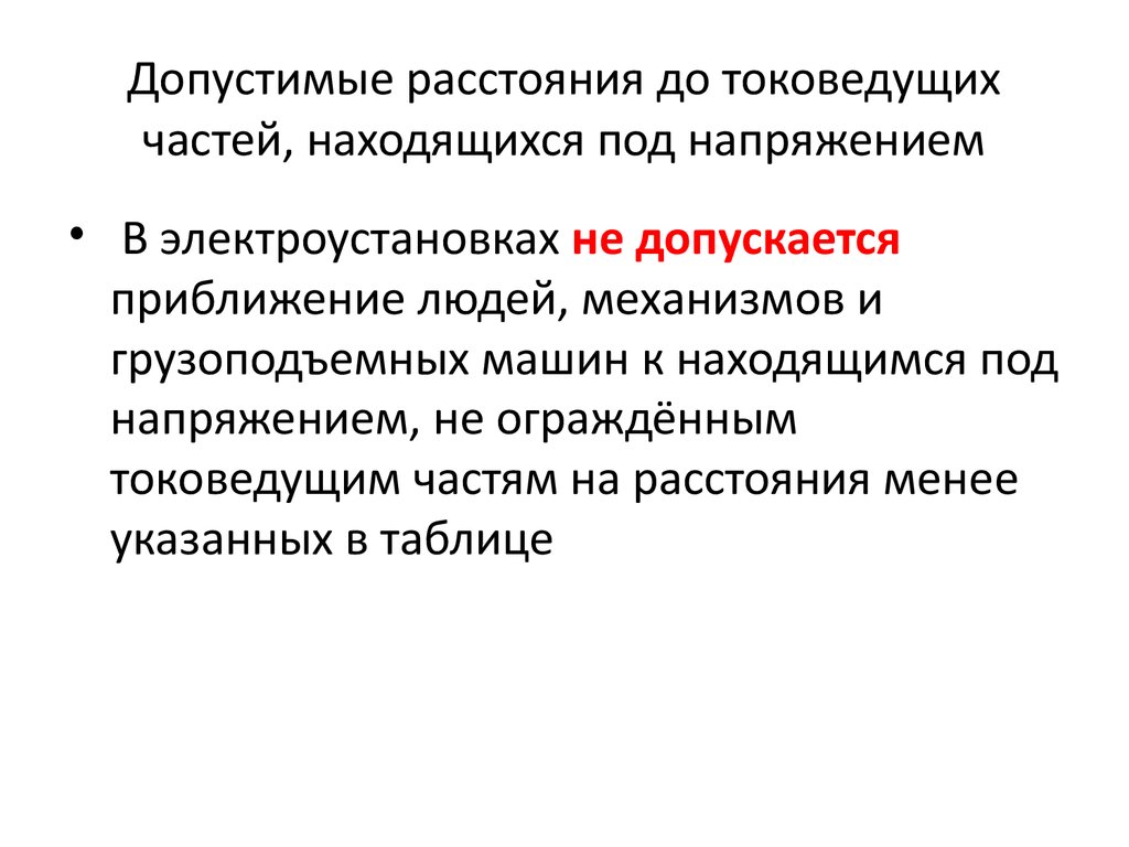 Минимальные расстояния до токоведущих частей при приближении людей,  механизмов и грузоподьемных машин - презентация онлайн