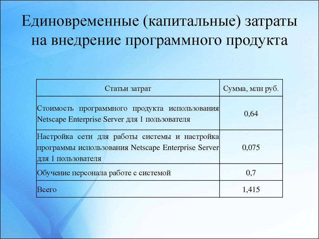 Сумма единовременных затрат на осуществление бизнес проекта не включает