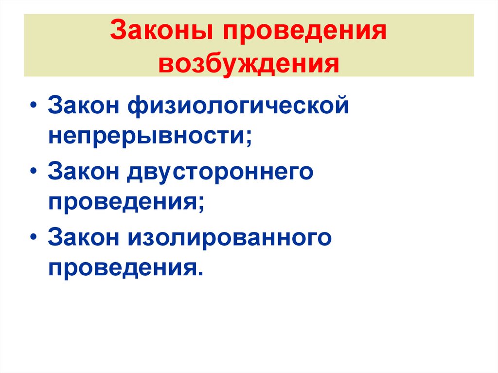 Закон проведения. Закон физиологической непрерывности. Законы возбуждения. Законы проведения физиология. Законы возбуждения тканей.