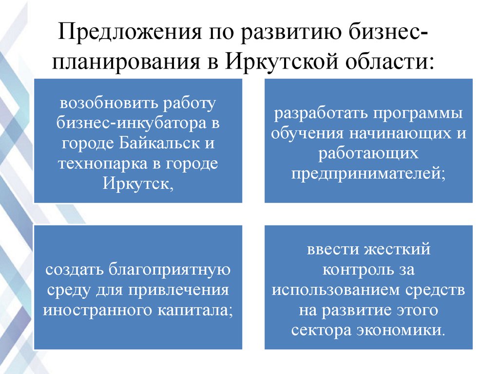Предложения по развитию бизнес-планирования в Иркутской области:
