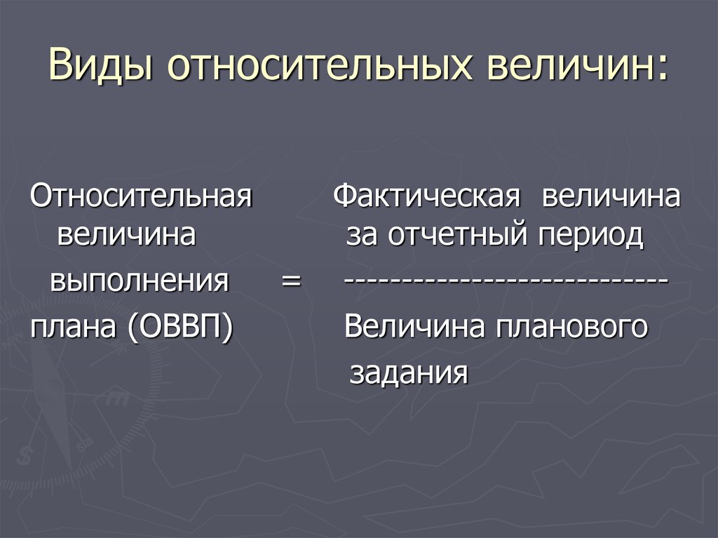 Фактическая величина. Виды относительных величин. Виды относительных величин выполнения плана. Относительный вид. 4 Вида относительных величин.