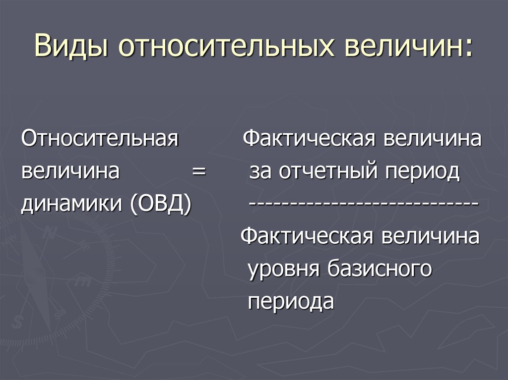 Отчетная величина. Виды относительных величин. Относительная величина динамики (ОВД). Базисные относительные величины динамики. Виды относительных величин ОВД.