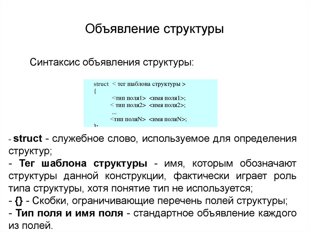 Поле структуры. Структура объявления. Вложенные структуры. Синтаксис объявления структуры.. Структура объявления типов..