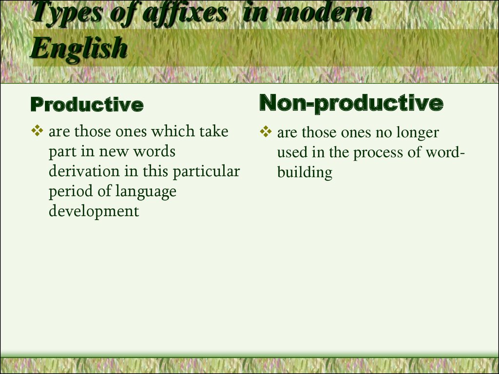 Types of affixes  in modern English