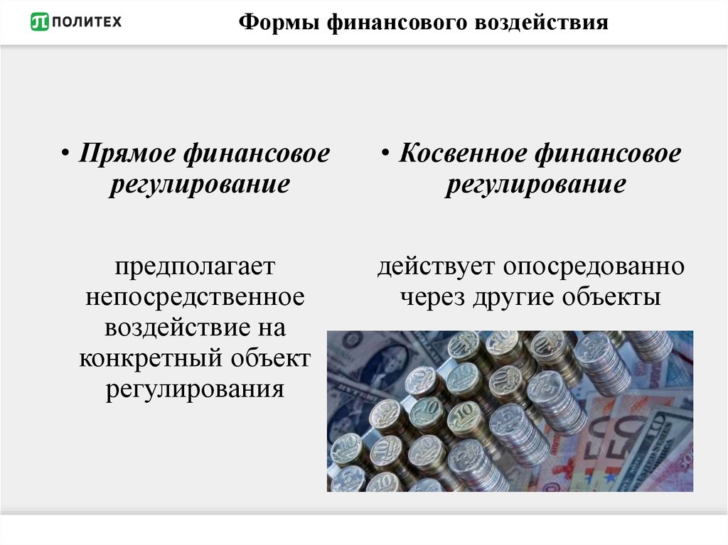 Денежно финансовые регулирования. Прямое и косвенное финансовое регулирование. Формы и методы государственного финансового регулирования. Прямое финансовое регулирование. Виды финансового воздействия: :.