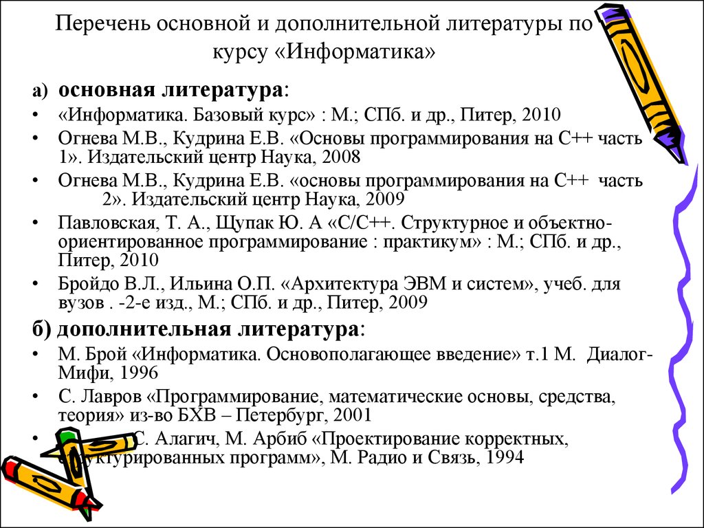 Литература по информатике. Список используемой литературы Информатика. Базовый список литературы. Список литературы по информатике образец. Дополнительная литература по литературе.