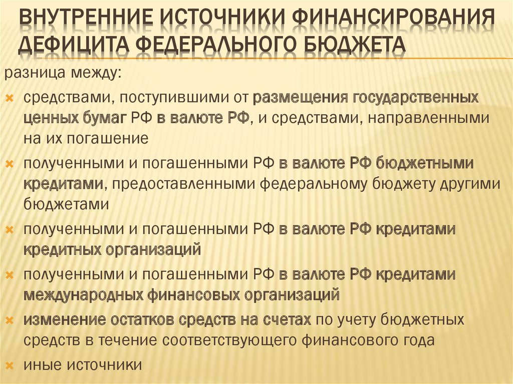 Организация внутреннего финансирования. Внутренние источники финансирования бюджетного дефицита. Внутренние источники финансирования дефицита федерального бюджета. Источники внешнего финансирования дефицитов бюджетов. Источники финансирования бюджетного дефицита.