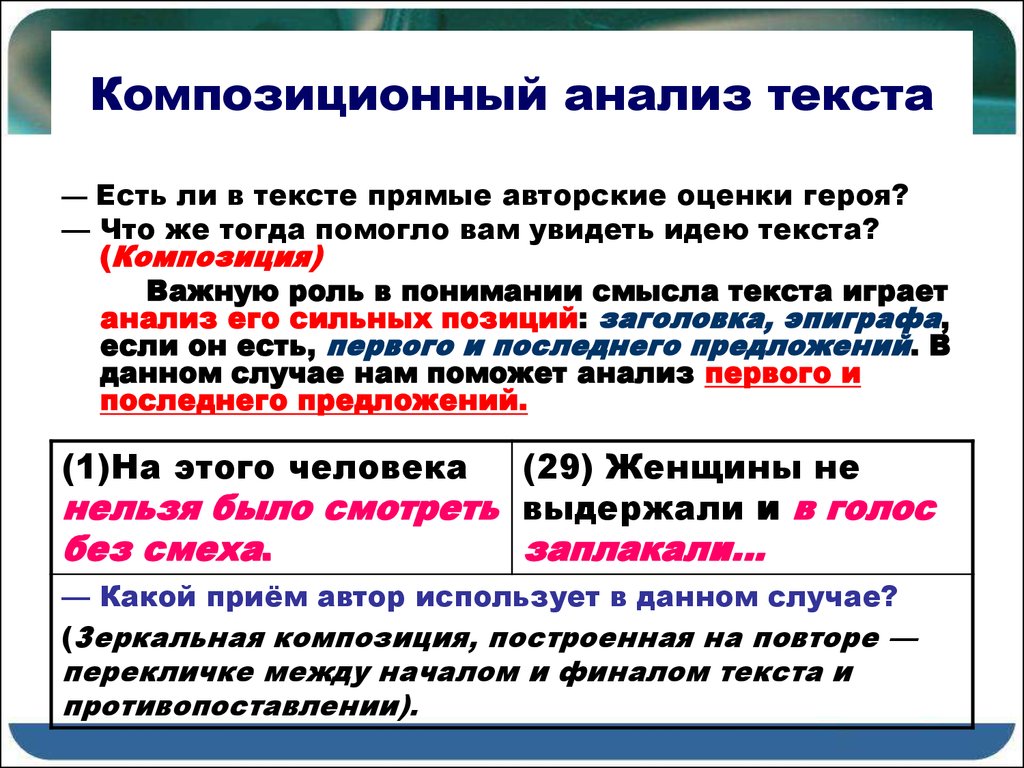 Текст с прямой связью. Композиционный анализ текста. Композиционно содержательный анализ текста. Композиционный анализ пример. Анализ композиции текста.