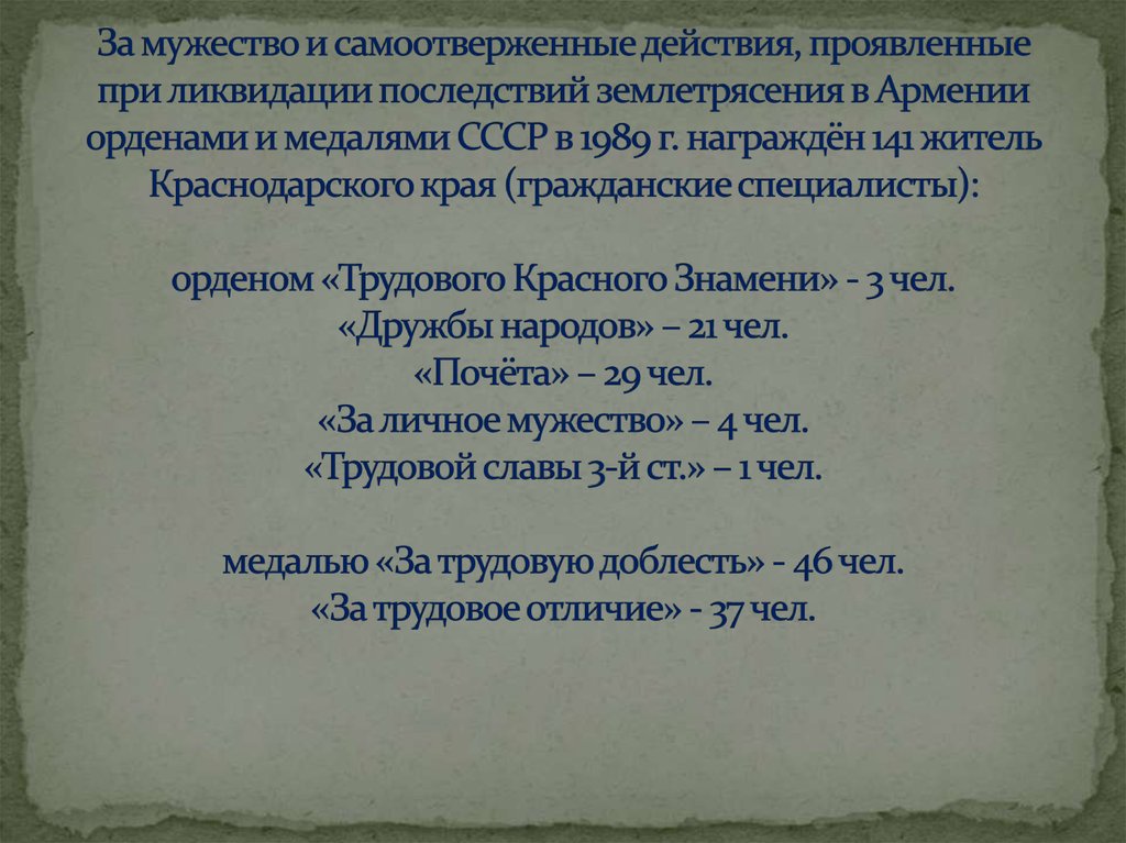 За мужество и самоотверженные действия, проявленные при ликвидации последствий землетрясения в Армении орденами и медалями СССР