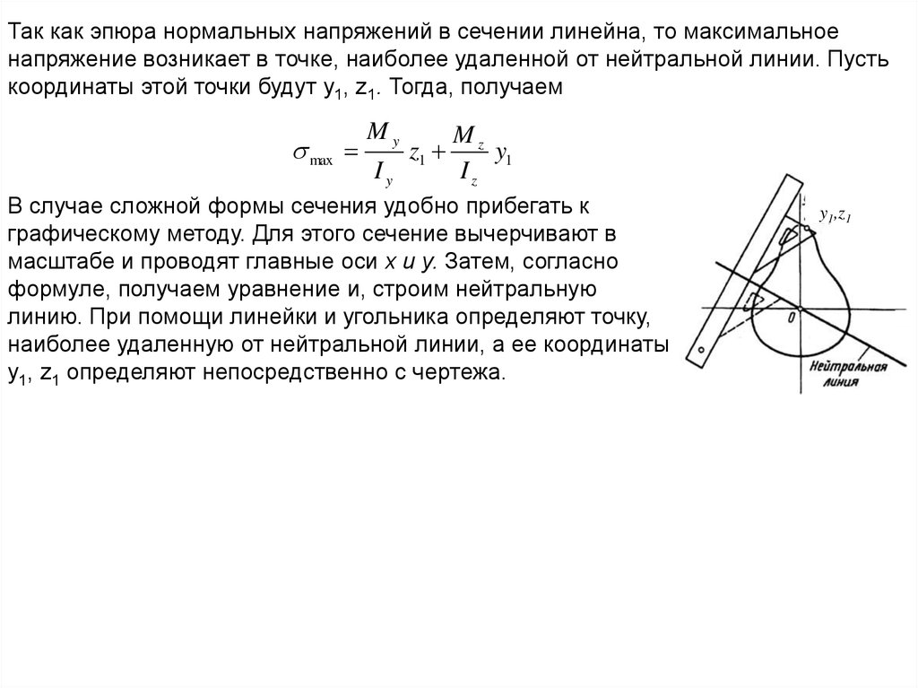 Линейное сечение. Косой изгиб, положение нейтральной линии при косом изгибе.. Уравнение нейтральной оси при косом изгибе. Определение положения нейтральной линии. Уравнение нейтральной линии при косом изгибе.