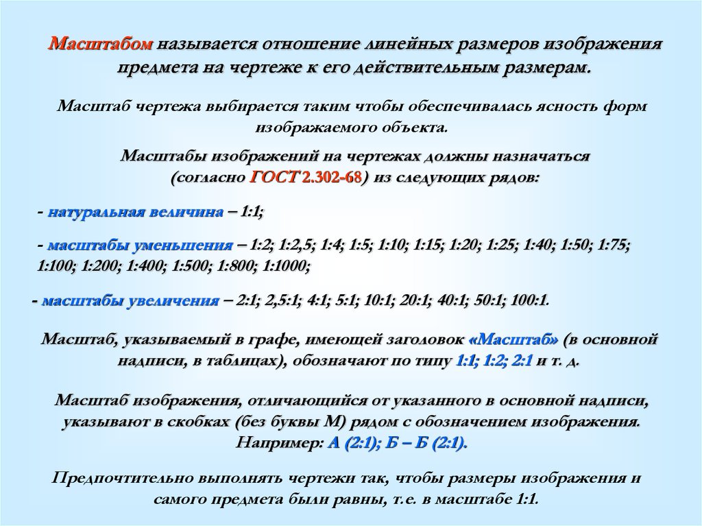 Масштабом называют отношение линейных размеров изображения объекта на чертеже к размерам объекта