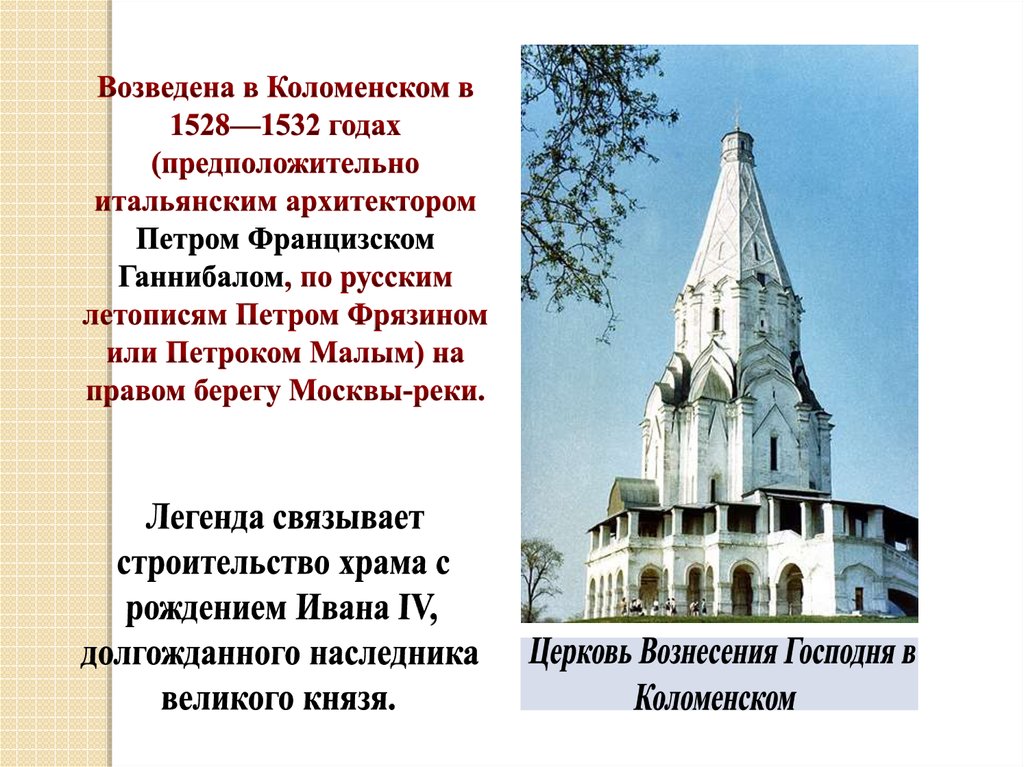 Зодчих 16. Церковь Вознесения в Коломенском 1532. Памятники русской архитектуры 16 века. Живопись и архитектура 16 века.