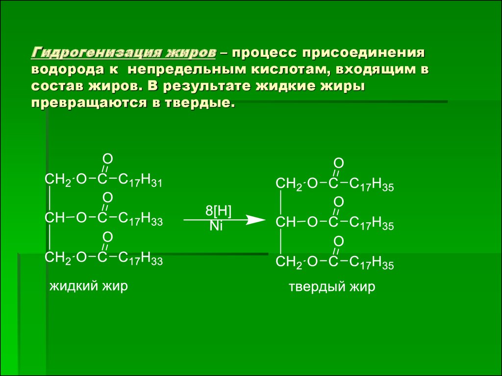 Триглицерид гидрирование. Реакция каталитического гидрирования жиров. Химические свойства жиров реакция присоединения. Химические свойства жиров присоединение. Химические свойства жиров гидрирование.