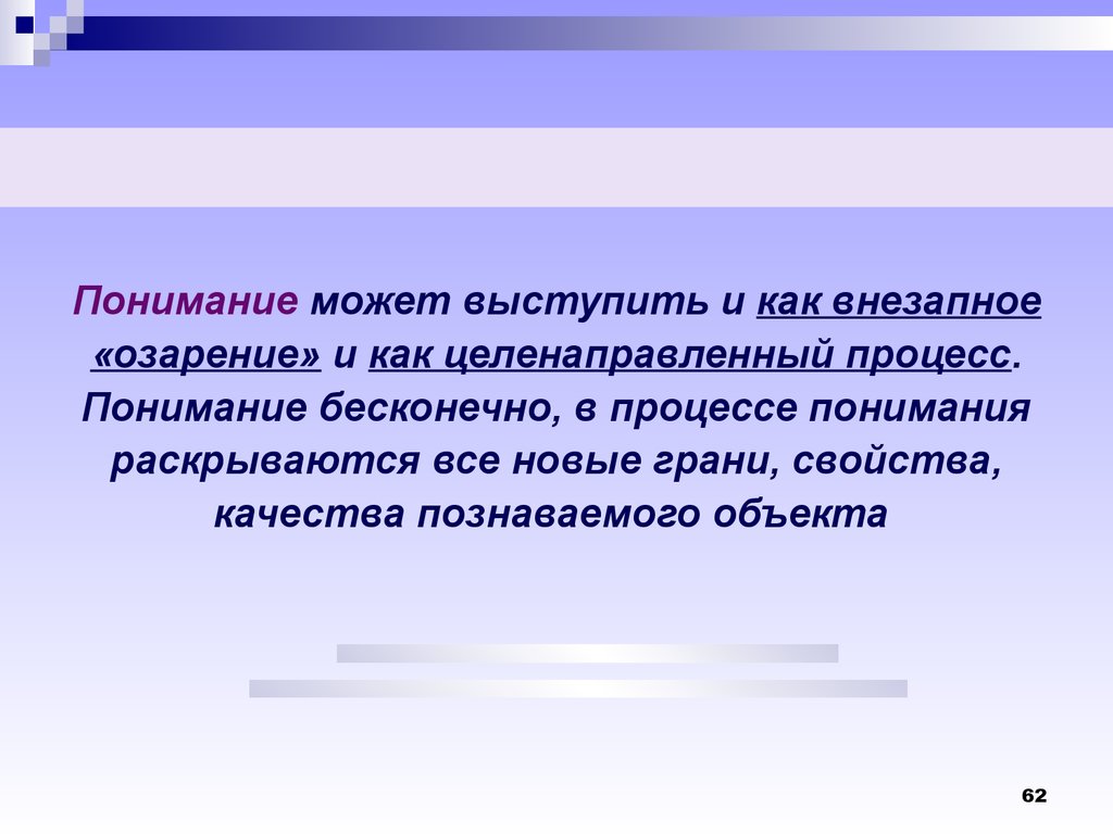 Отражение свойства познаваемого объекта возможность корректировки. Понимание может выступать. Целенаправленный процесс изменения содержания. Процесс осмысления.