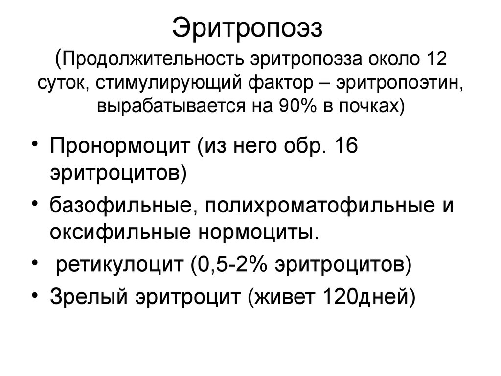 Эритропоэз. Длительность эритропоэза. Последовательность эритропоэза. Факторы влияющие на эритропоэз.