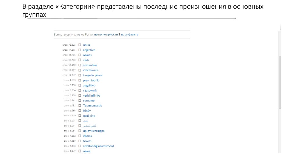 В разделе «Категории» представлены последние произношения в основных группах