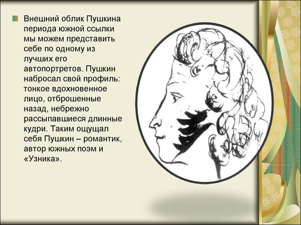 Основные темы южного периода пушкина. Пушкин молодость Южный период. Облик Пушкина. Профиль эпоха Пушкина. Внешний облик Пушкина.