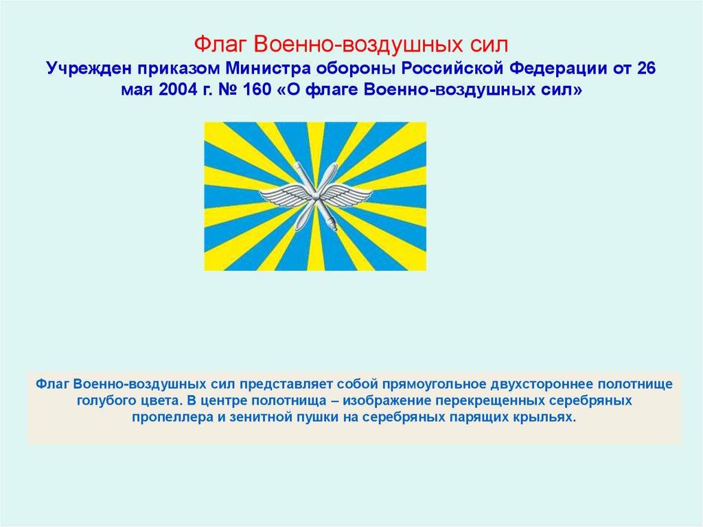 Флаг Военно-воздушных сил Учрежден приказом Министра обороны Российской Федерации от 26 мая 2004 г. № 160 «О флаге Военно-воздушных сил»