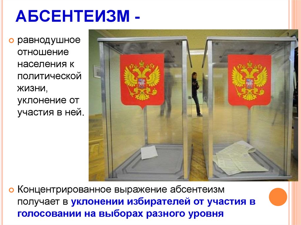 Абсентеизм это. Абсентеизм уклонение от участия в политической жизни. Уклонение избирателей от участия в выборах. Абсентеизм это уклонение от выборов. Уклонение от участия в политической жизни политическая апатия.