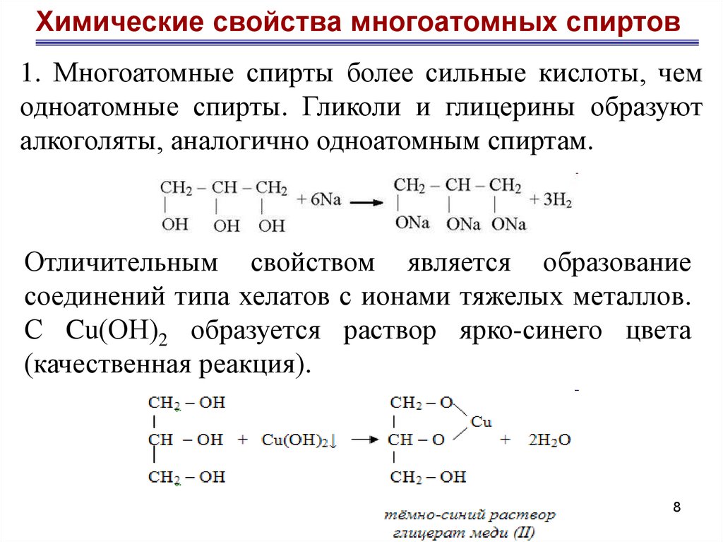 Характерная реакция глицерина. Характеристика химических свойств многоатомных спиртов. Химические свойства многоатомных спиртов таблица 10 класс. Химические свойства спиртов уравнения реакций.
