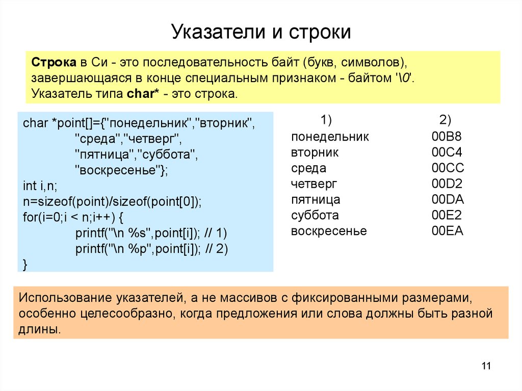 Указатель на строку. Фиксированный массив.