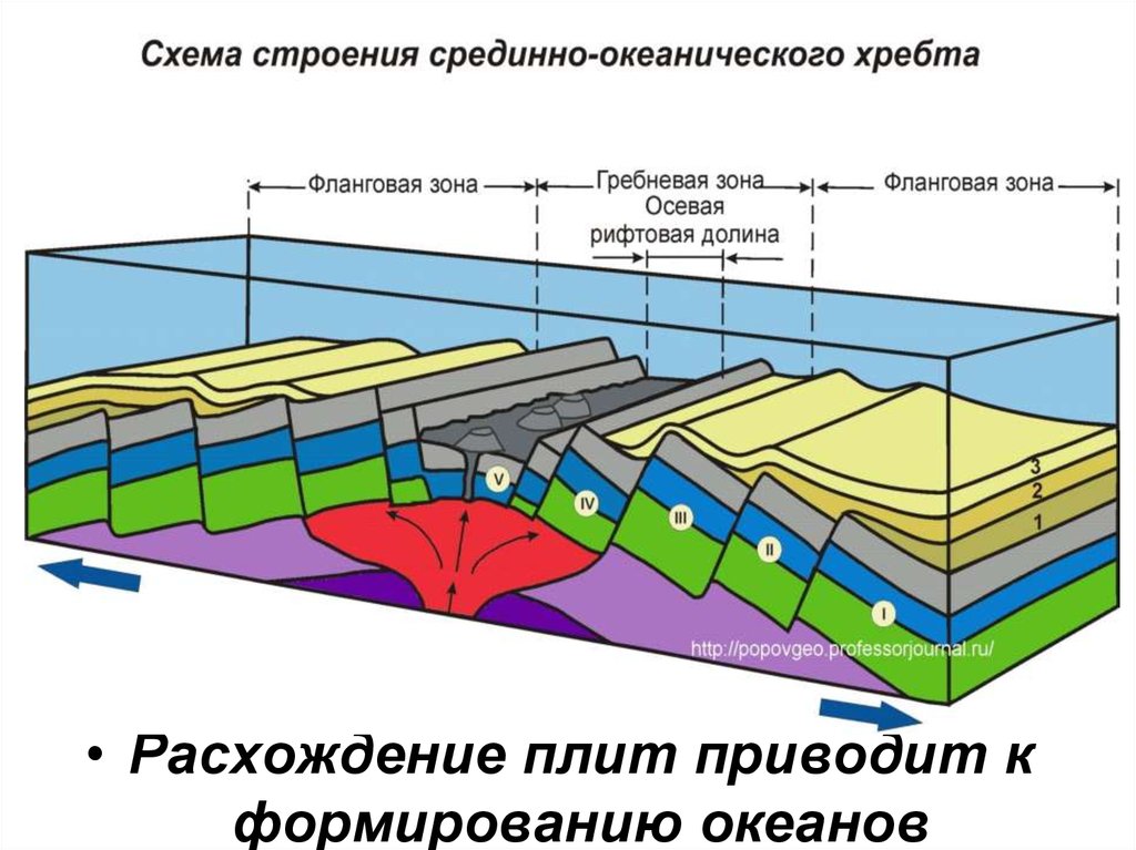 Формирование океана. Рифтовая зона срединно океанического хребта. Расхождение океанических плит схема. Расхождение плит. Рифтовых зонах срединно-океанических хребтов.