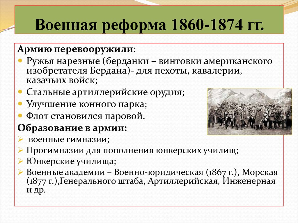 Одним из направлений военной реформы является. Военная реформа 1860-1874. Итоги военной реформы 1874. Военная реформа 1874 Малютина.