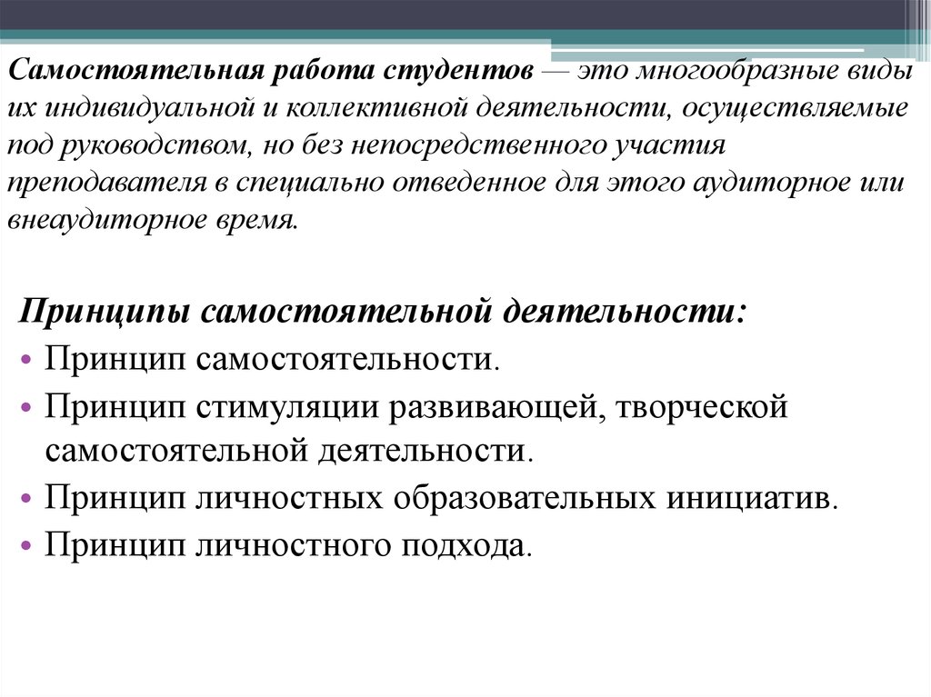 Самостоятельная активность. Самостоятельная работа студентов. Принципы самостоятельной работы. Принципы инициативности. Виды индивидуальной работы со студентами.