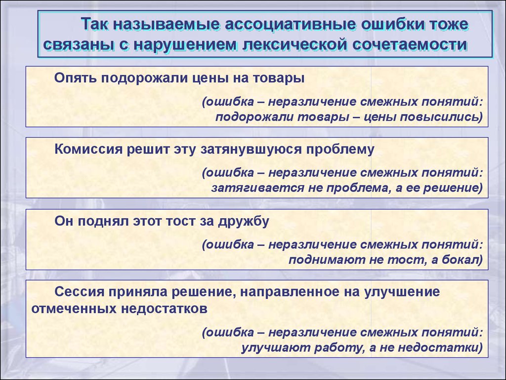 Опять предложение. Типичные ошибки связанные с нарушением лексической сочетаемости. Ассоциативные ошибки примеры. Ассоциативные ошибки в русском языке. Цена дорожает лексическая ошибка.