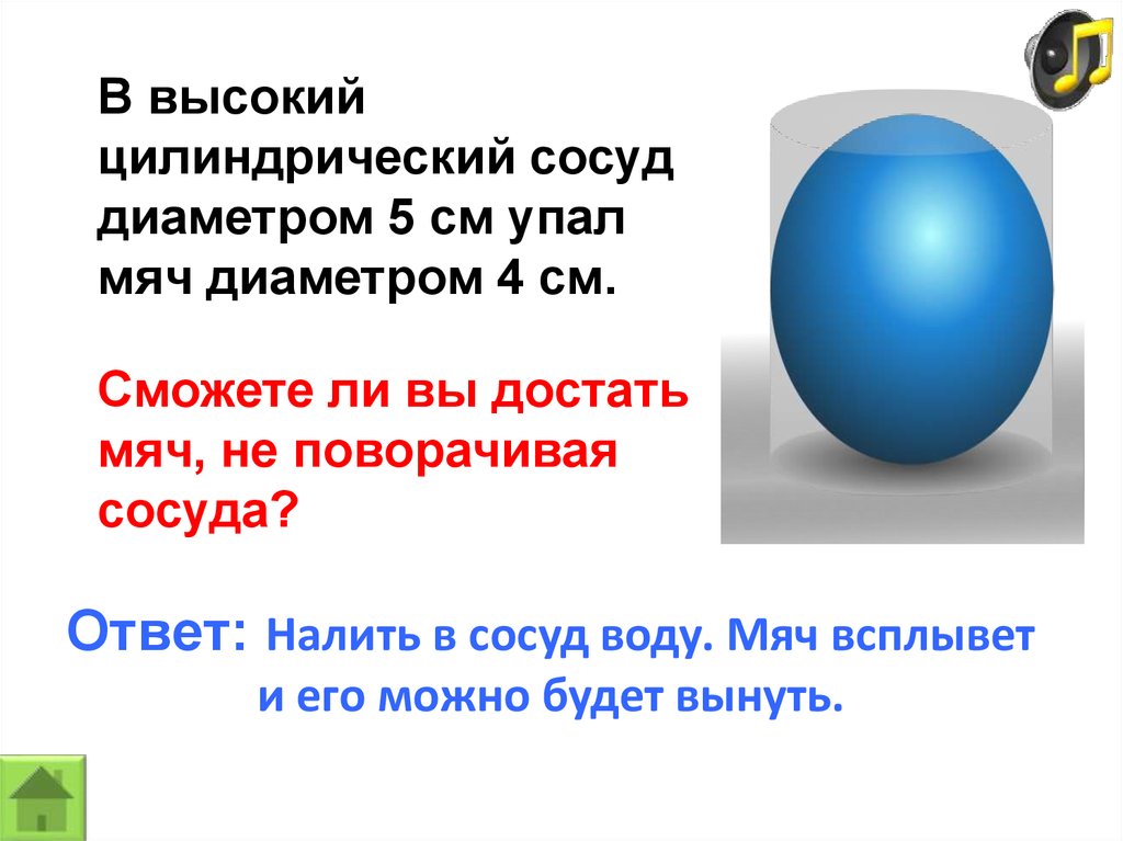 Высокий цилиндрический. Цилиндрический сосуд диаметром 4 см. В высокий цилиндрический сосуд упал мяч. Мячик всплыл. Сосуд по форме шара.