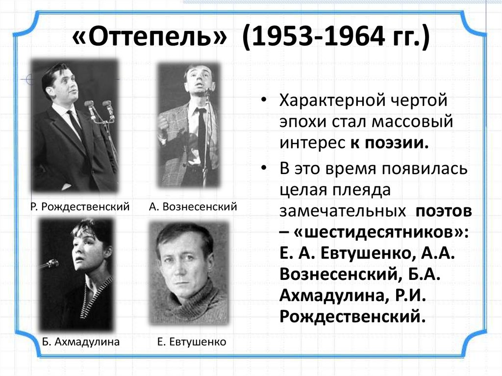 Имя ставшее эпохой. Писатели оттепели. Писатели периода оттепели. Оттепель в духовной жизни СССР. Духовная жизнь в СССР В 1953—1964 гг.