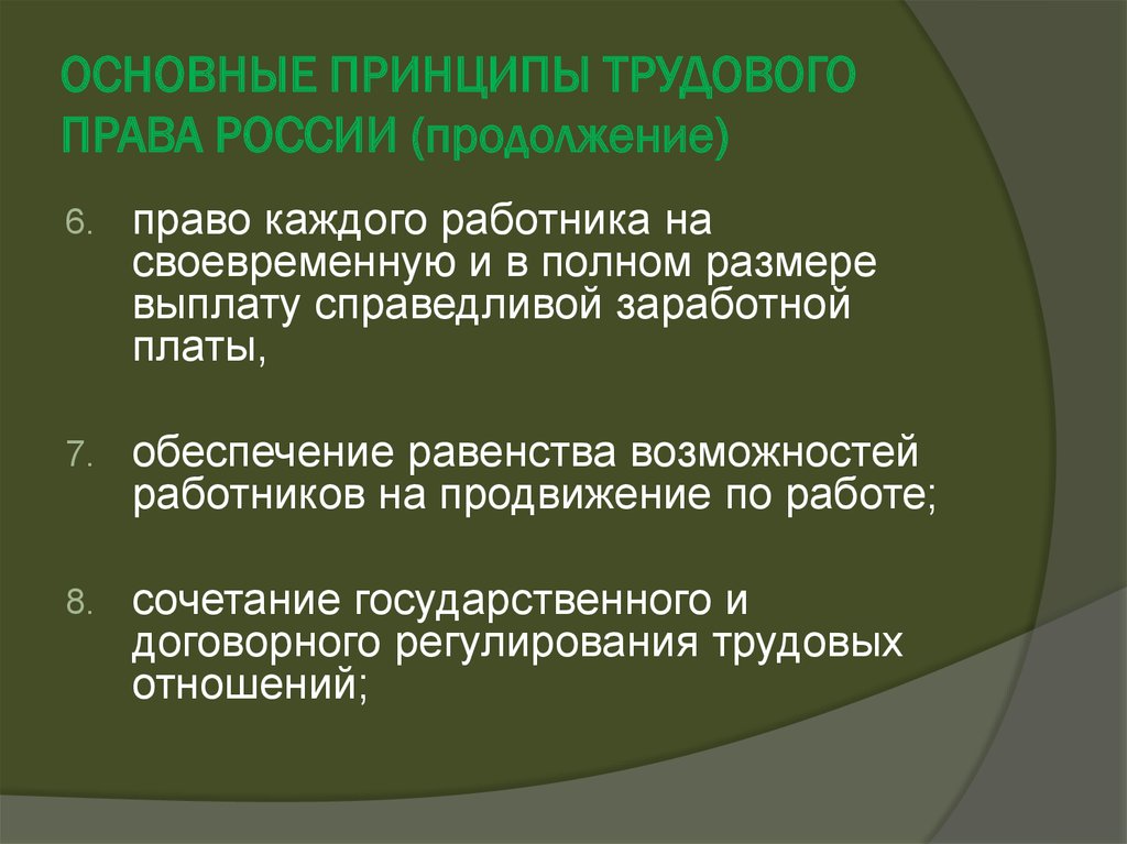 Принципы трудового. Основные принципы трудового права. Обеспечение равенства возможностей работников. Обеспечение Справедливой заработной платы. Обеспечение права работников на своевременную ЗП.